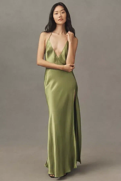Bardot Yve Halter Open-back Front-slit Silky Maxi Dress In Beige