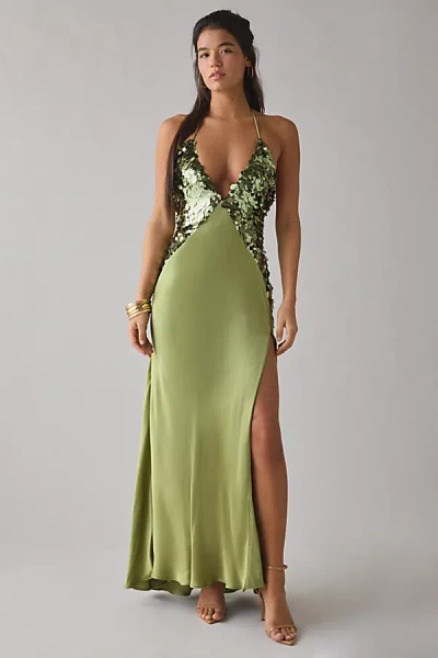 Bardot Yve Plunging Halter Sequin + Satin Slip Maxi Dress In Green, Women's At Urban Outfitters