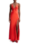 Bardot Yve Satin Halter Dress In Fire Red