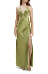 Bardot Yve Halter Open-back Front-slit Silky Maxi Dress In Khaki