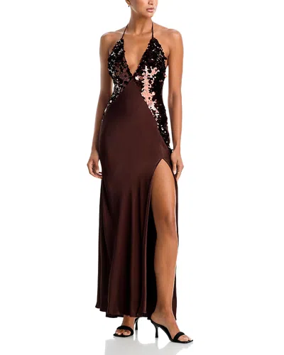 Bardot Sequin Cami Halter Neck Open Back Split Detail Maxi Dress In Brown