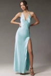 Bardot Yve V-neck Halter Open-back Front-slit Silky Slip Maxi Dress In Green