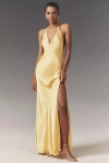 Bardot Yve V-neck Halter Open-back Front-slit Silky Slip Maxi Dress In Yellow
