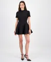 Bardot Zephyra Short Sleeve High Neck Fit And Flare Full Skirt Mini Dress In Black