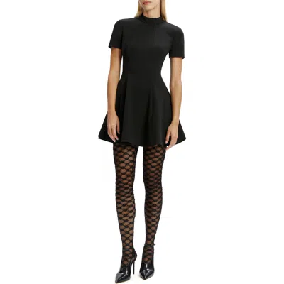 Bardot Zephyra Short Sleeve High Neck Fit And Flare Full Skirt Mini Dress In Black