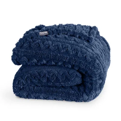 Bare Home Cable Faux Shearling Throw Blanket In Blue