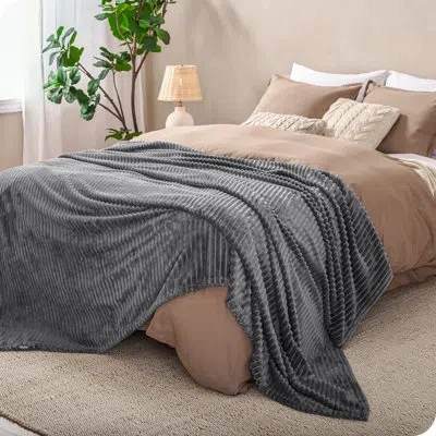 Bare Home Plush Textured Microplush Fleece Blanket In Ribbed Gray