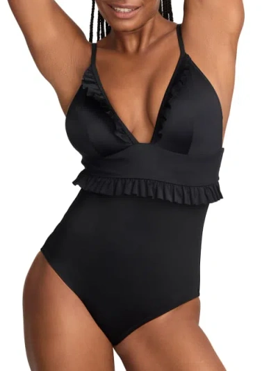 Bare Plunge Ruffle One-piece In Black