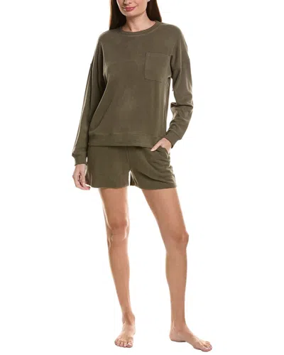 Barefoot Dreams 2pc Brushed Fleece Top & Short Set In Green