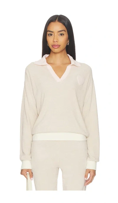 Barefoot Dreams Cozy Chic Ultra Lite Color Block Heart Collared Pullover In White