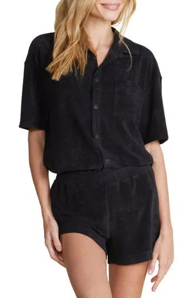 Barefoot Dreams ® Cozy Terry® Short Sleeve Button-up Shirt In Black