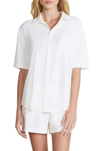 Barefoot Dreams Cozy Terry® Short Sleeve Button-up Shirt In Pearl