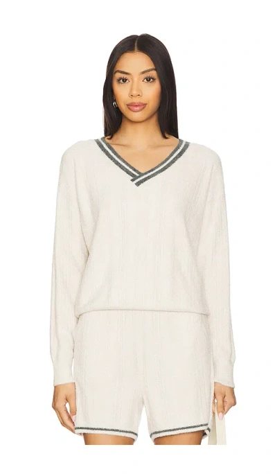 Barefoot Dreams Cozychic Light Pointelle Pullover In Sand Dune/deep Juniper