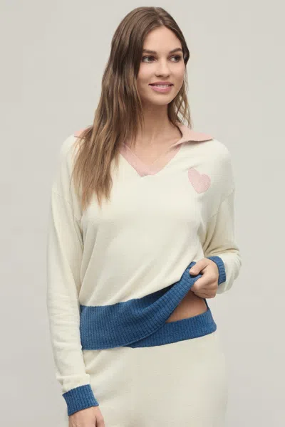 Barefoot Dreams Cozychic Ultra Lite(r) Color Block Heart Collared Pullover In White