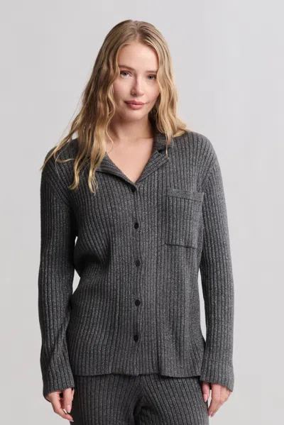 Barefoot Dreams Cozychic Ultra Lite® Lurex Rib Button Front Shirt In Carbon