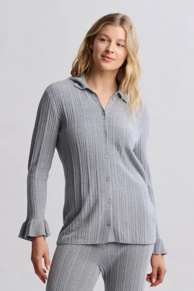 Barefoot Dreams Cozychic Ultra Lite® Ribbed Ruffle Cuff Shirt In Moonbeam