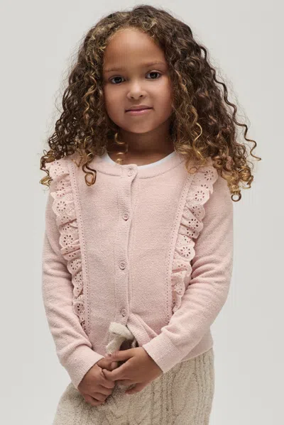 Barefoot Dreams Babies' Cozychic Ultra Lite® Toddler Cardigan With Cotton Eyelet Ruffle In Pink