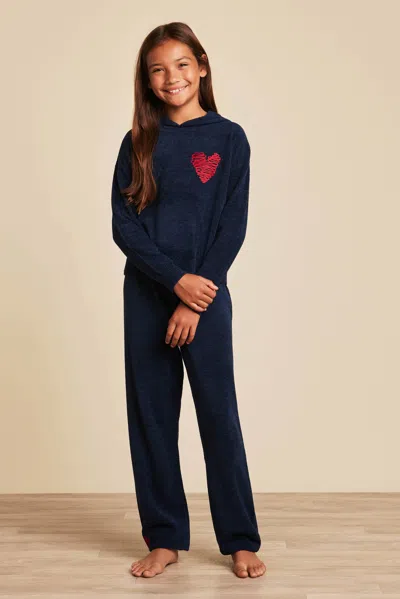 Barefoot Dreams Kids' Cozychic Ultra Lite® Youth Embroidered Heart Pant In Blue