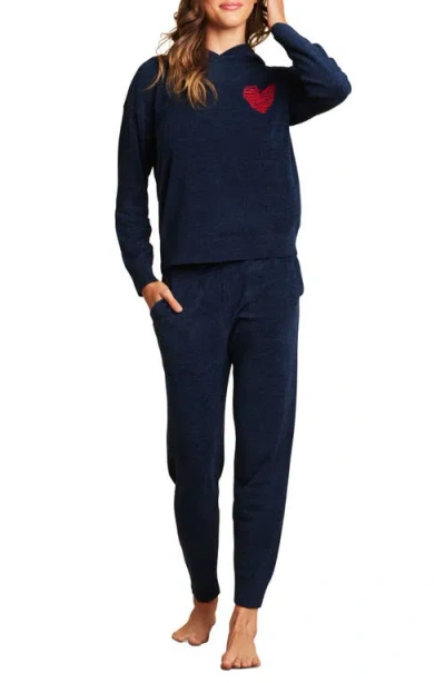 Barefoot Dreams Embroidered Heart Cozychic Ultra Lite® Lounge Hoodie In Marine/scarlet