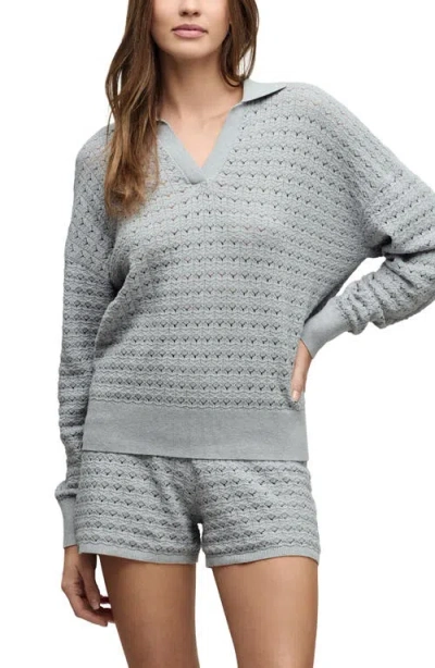 Barefoot Dreams Heathered Cotton Tulip Pointelle Collared Pullover In Gray