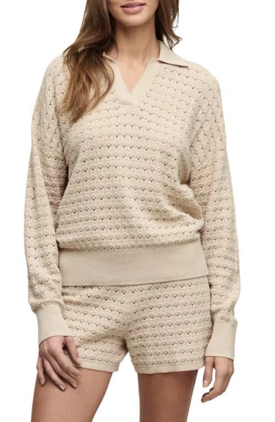 Barefoot Dreams Heathered Cotton Tulip Pointelle Collared Pullover In Metallic