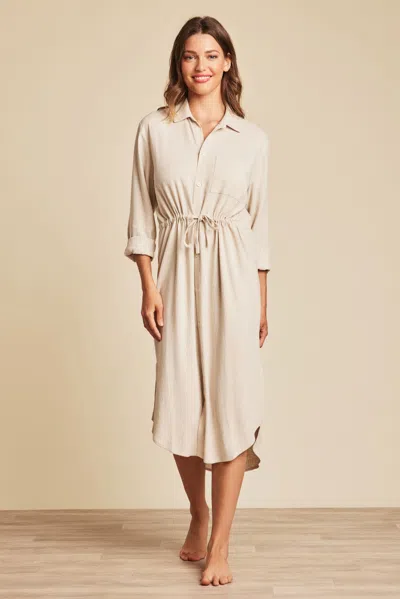 Barefoot Dreams Linen Blend Cinched Shirtdress In Heathered Bisque