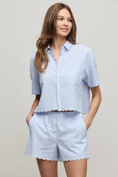 Barefoot Dreams Linen Blend Stripe Shirt With Scallop In Lakeside Stripe