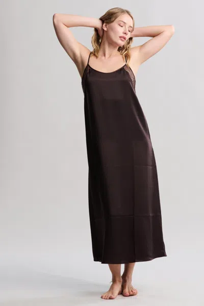 Barefoot Dreams Liquid Satin Lace Slip Dress In Umber