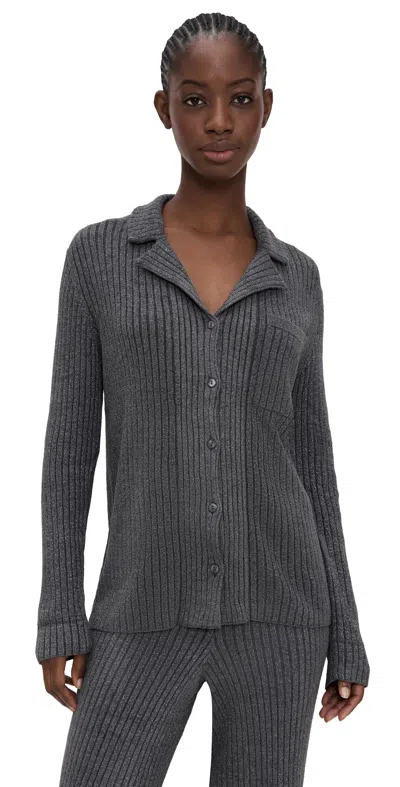 Barefoot Dreams Metallic Rib Button Front Shirt Carbon In Gray