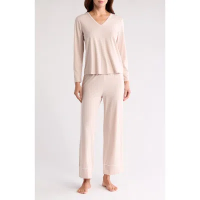 Barefoot Dreams ® Piped V-neck Long Sleeve T-shirt & Pants Pajamas In Chai