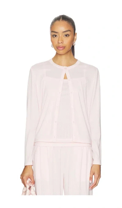 Barefoot Dreams Pointelle Rib Cardigan With Scallop Trim In Pink Sand