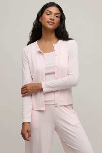 Barefoot Dreams Pointelle Rib Cardigan With Scallop Trim In Pink