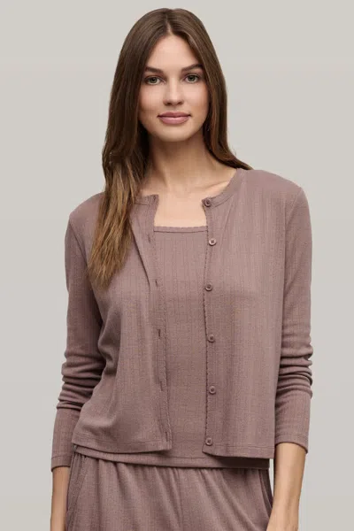 Barefoot Dreams Pointelle Rib Cardigan With Scallop Trim In Sable