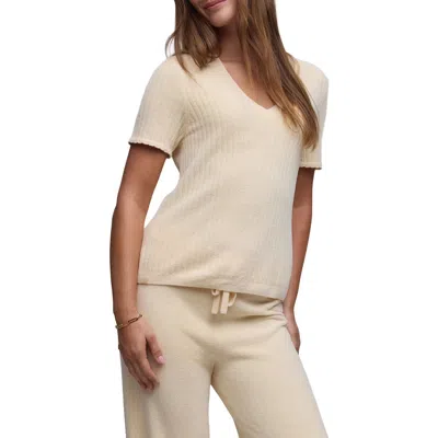 Barefoot Dreams Scalloped Ribbed V-neck Top In Neutral