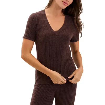 Barefoot Dreams Scalloped Ribbed V-neck Top In Brown