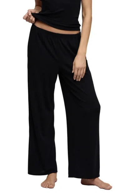 Barefoot Dreams Scalloped Trim Pointelle Wide Leg Pants In Black