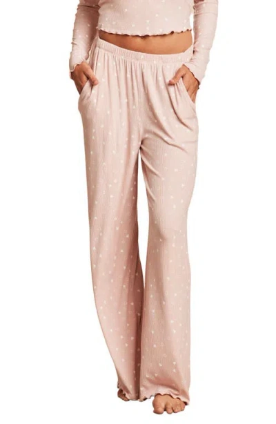 Barefoot Dreams Ultra Soft Rib Lettuce Hem Wide Leg Pajama Pants In Dusty Rose/pearl
