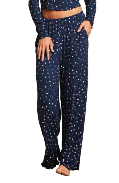 Barefoot Dreams Ultra Soft Rib Lettuce Hem Wide Leg Pajama Pants In Marine/pink Peonie