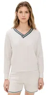 Barefoot Dreams Cozychic Light Pointelle Pullover In Sand Dune/deep Juniper
