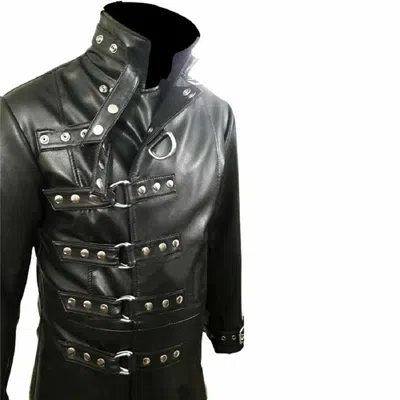 Pre-owned Bargainwoman Mens Genuine Black Leather Steampunk Goth Rave Festival Coat