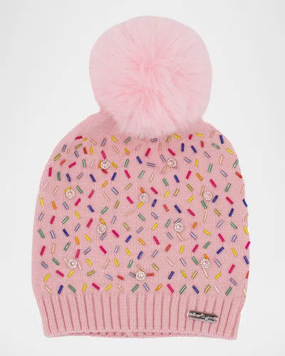 Bari Lynn Girl's Beanie With Charms & Faux Fur Pom Pom In Pink