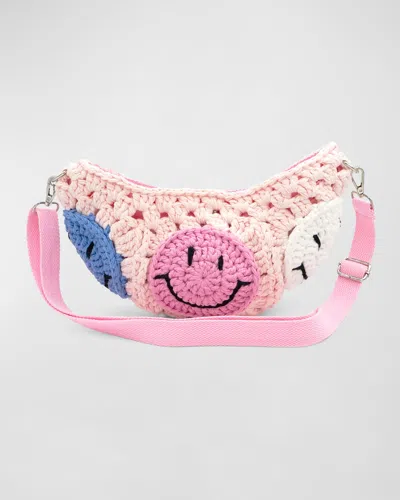 Bari Lynn Kids' Girl's Happy Face Crossbody Crochet Bag In Pink