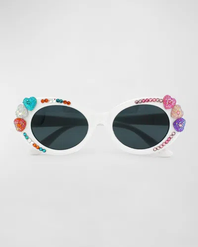 Bari Lynn Girl's Pastel Heart & Rhinestoned Cat Eyed Sunglasses In White