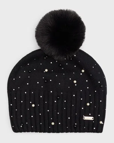 Bari Lynn Girl's Pearl And Rhinestone Pompom Beanie In Black