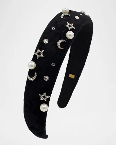 Bari Lynn Kids' Girl's Pearly Velvet Headband W/ Rhinestones In Gold