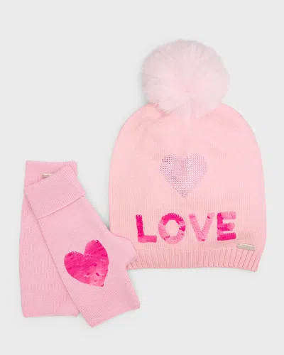 Bari Lynn Kids' Girl's Pom Pom Beanie W/ Sequin Heart & Fingerless Glove Set In Pink