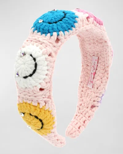 Bari Lynn Kids' Girl's Rainbow Smiley Face Crochet Headband In Pink