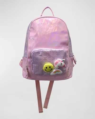 Bari Lynn Girl's Shiny Backpack W/ Patches In Pink
