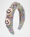 Bari Lynn Girl's Tweed Knot Headband W/ Glitter Happy Faces In Blue Pink