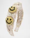 Bari Lynn Girl's Tweed Knot Headband W/ Glitter Happy Faces In Ivory Yellow